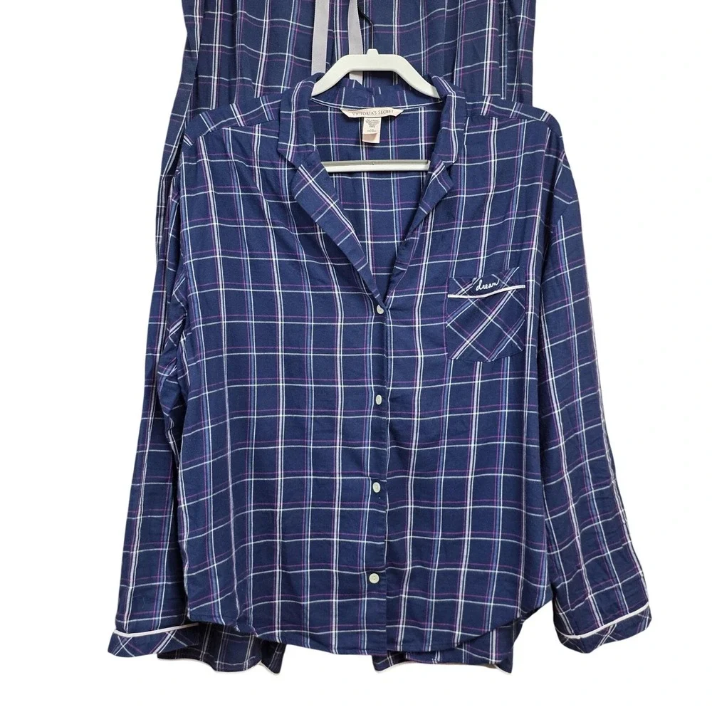 Victoria's Secret Pajama Set Women L Blue Plaid Flannel Button Up Lounge Cozy